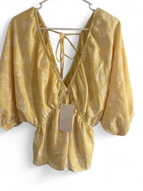 Zara Yellow V-Neck Tie-Back Floral Jacquard Blouse